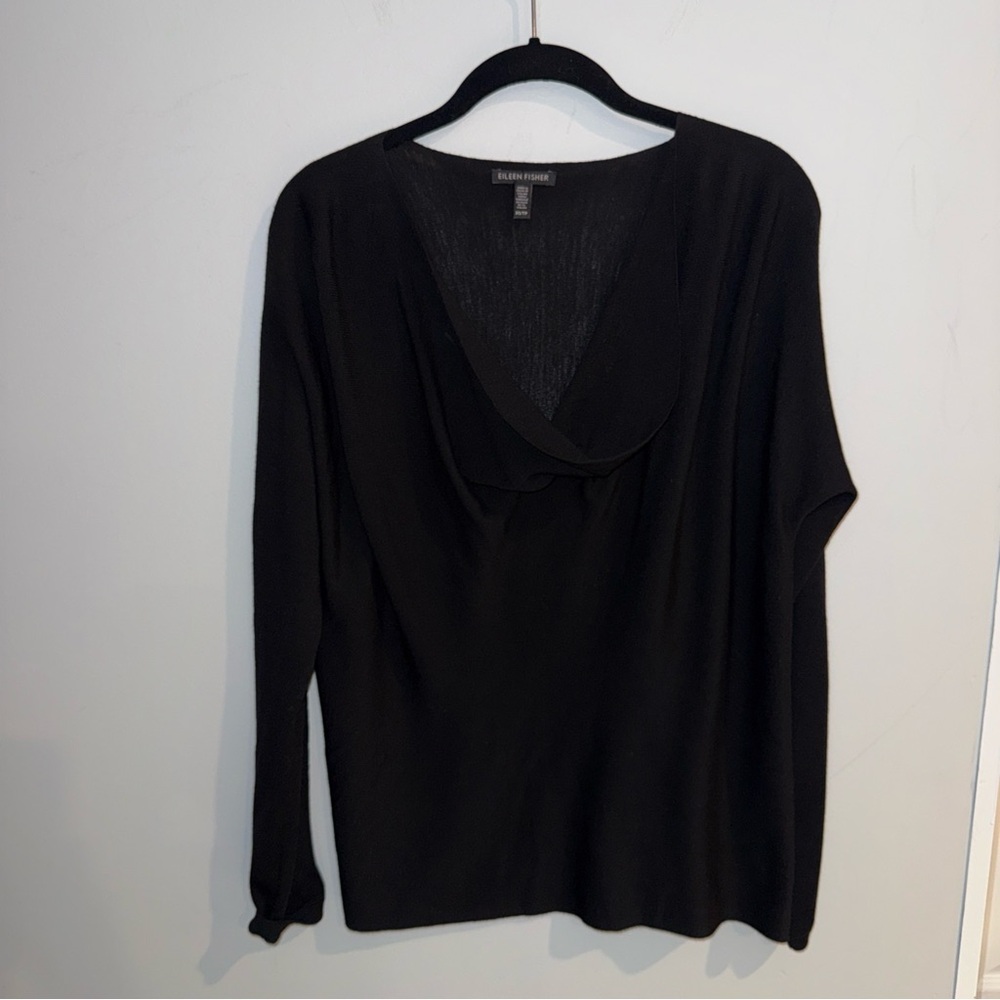 Eileen Fisher Black Superfine Merino Wool Cowl Neck Sweater XS TP Long‎ Sleeve